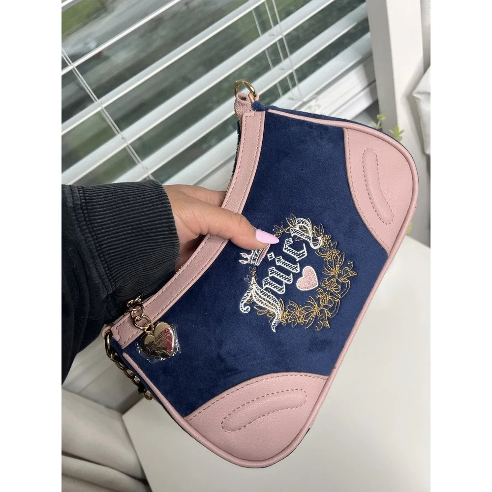 Juicy Couture Heritage Velour Shoulder Bag Regal Blue Pink Y2K Gold‎ Chain Purse